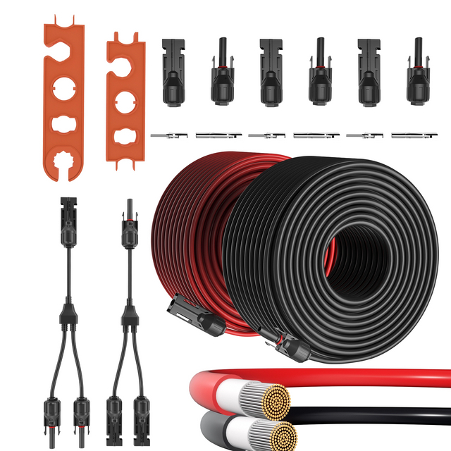 Solar Panel Extension Cable 10AWG, 1 Pair 20Ft 10AWG Solar Cord, 1 Pair Y Branch Parallel Adapters, 3 Pairs Solar Connectors, 1 Pair Spanners, Solar Cable Wire Plug Tool Kit